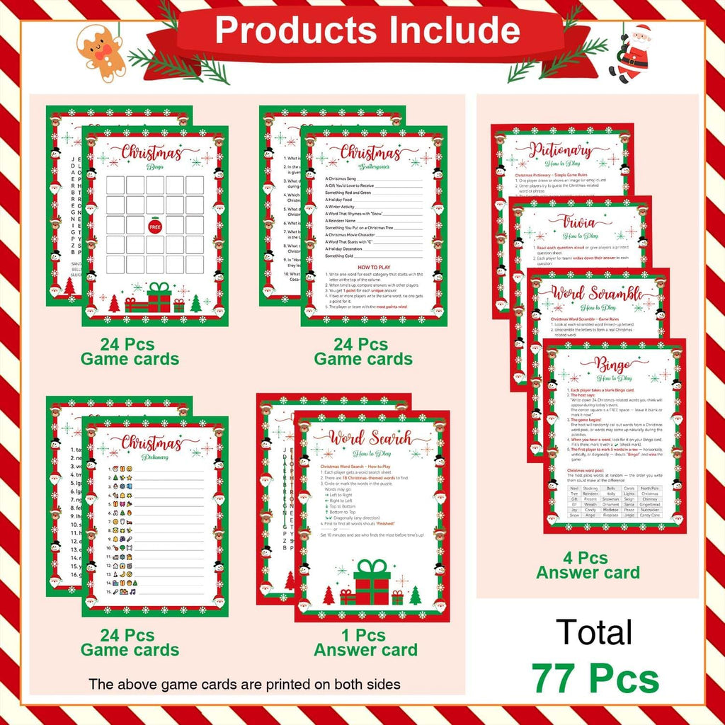 Biswiter Christmas Games for Family Party Supplies, Christmas Activities Word Search Scramble Bingo Trivia Pictionary Categories and Answer Keys for Family