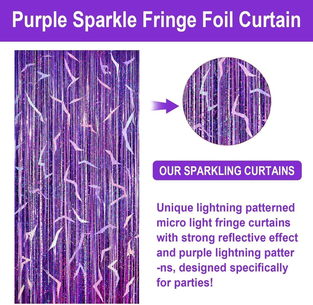 2 Pack K-STYL Purple Foil Fringe Curtains Party Decorations - 3.3 ft x 6.6 ft Energy Pattern Sparkling Holographic Laser Foil Curtain for Girls Disco Bachelorette Party Supplies