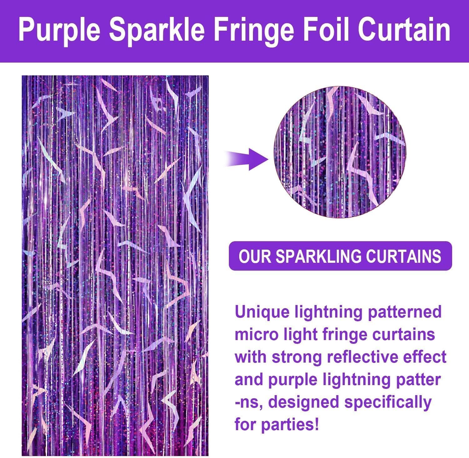 2 Pack K-STYL Purple Foil Fringe Curtains Party Decorations - 3.3 ft x 6.6 ft Energy Pattern Sparkling Holographic Laser Foil Curtain for Girls Disco Bachelorette Party Supplies