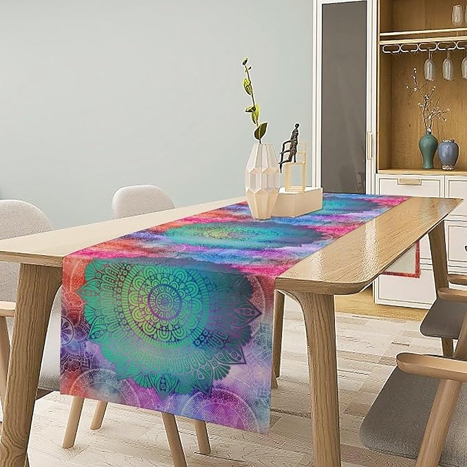 Green Mandala Table Runner, Bohemian Vintage Colorful Exotic Colorful Floral Print Table Runner for Wedding Dining Table Holiday Party Kitchen Home Decor, 13x60inch