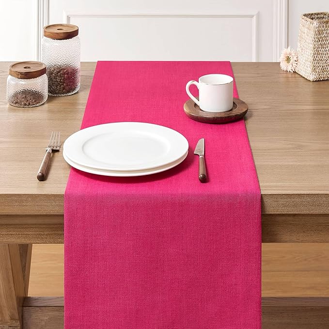 ZeeMart Linen Textured Border Table Runner, 14 x 90 Inch Hot Pink, Farmhouse Style Pink Table Runners 90 Inches Long, Easy Care Everyday Polyester Table Runner