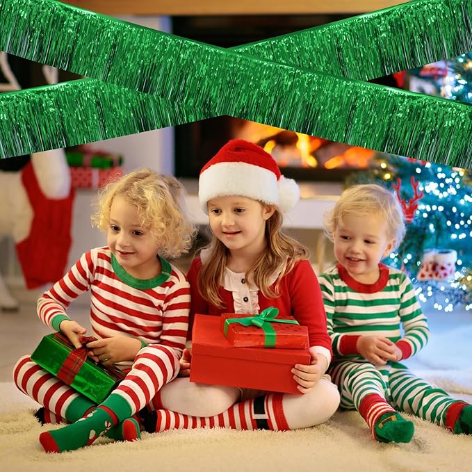 Green Christmas Decorations Tinsel Garland Parade Float Decorations for Trailer 4Pack 12FT Christmas Party Decor Ceiling Fringe Banner Green Backdrop for Streamers Party Decorations