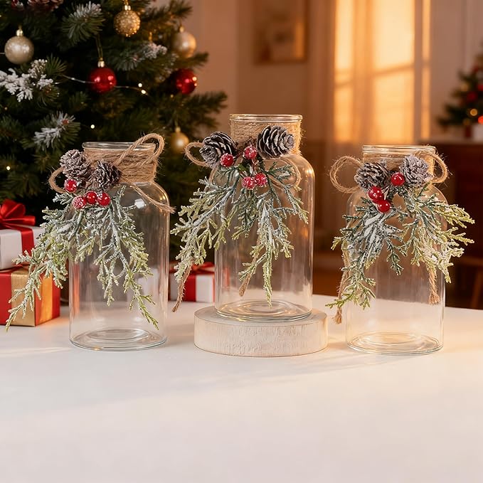 Set of 12 Xmas Decor Vases Christmas Centerpieces for Tables Farmhouse Holiday Table Decor Clear Glass Vases with Twine Ties for Christmas Decorations