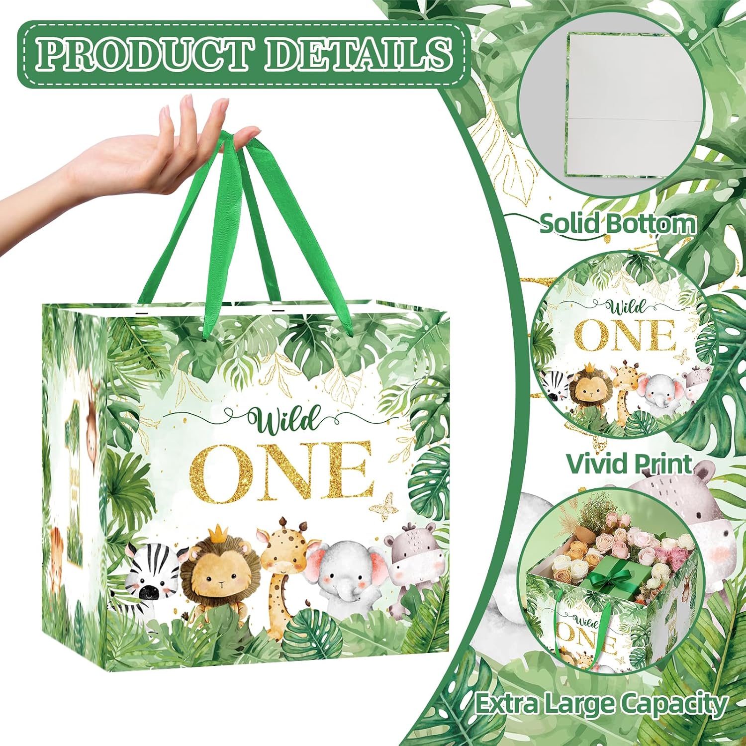 Extra Large Wild One Gift Bag Square Jumbo Wild Animal 1st Birthday Bag for Baby Boys with Wrapping Paper Card Sticker Envelope Jungle First Birthday Safari One Year Old Party Favors Decorations