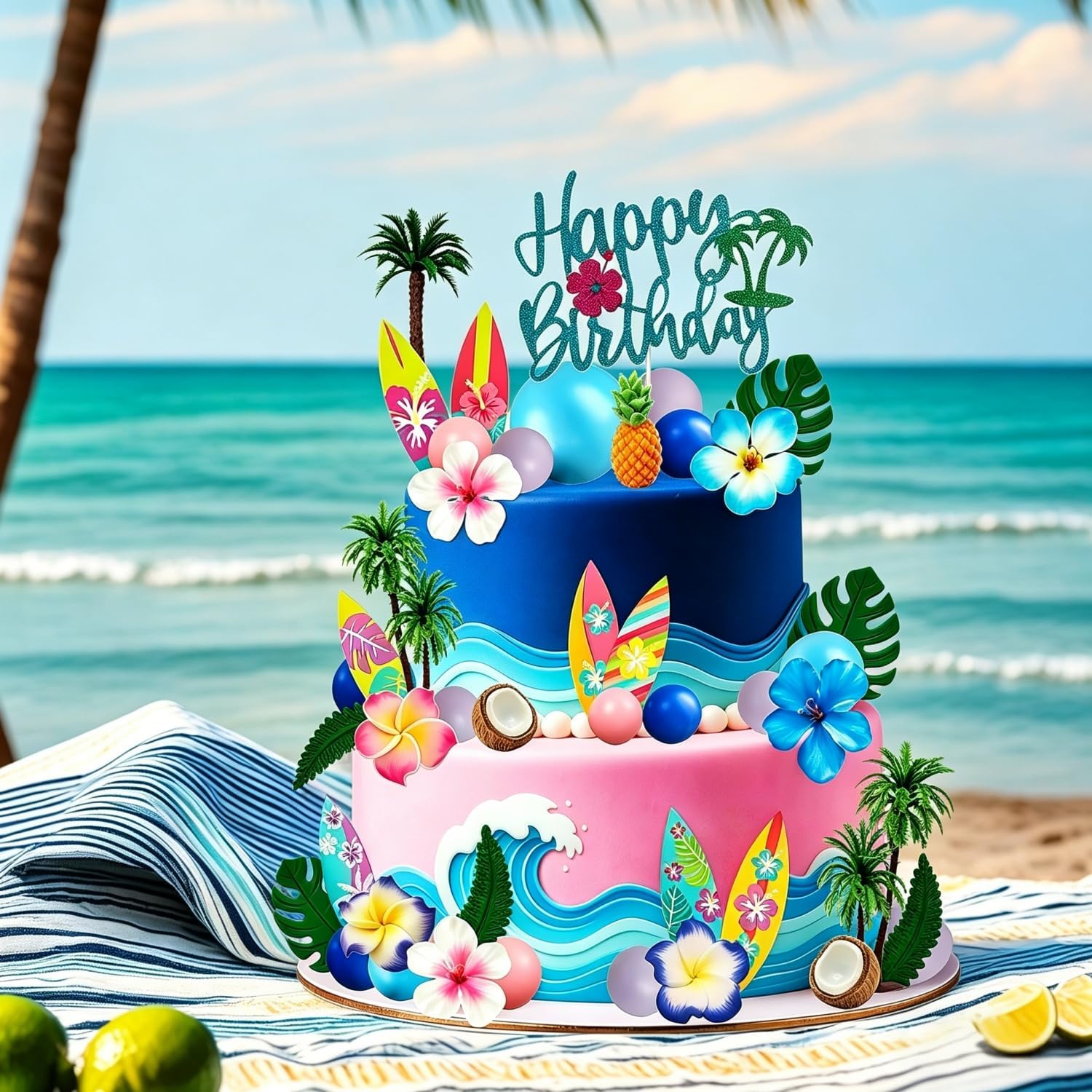 49 Pcs Hawaiian Cake Toppers, Summer Beach Cake Decoration with Surfs Flowers Leaves Coconut Trees Blue Pink Balls Cake Toppers for Birthday Party Supplies