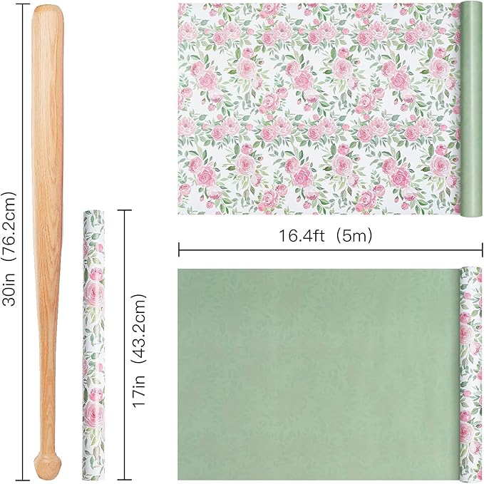 RUSPEPA Reversible Floral Wrapping Paper Roll for Girls Women, Mini Roll, Pink Rose Design and Green Solid Color, Elegant Gift Wrap for Birthday, Mother’s Day, Bridal Shower, 17 Inches x 16.4 Feet