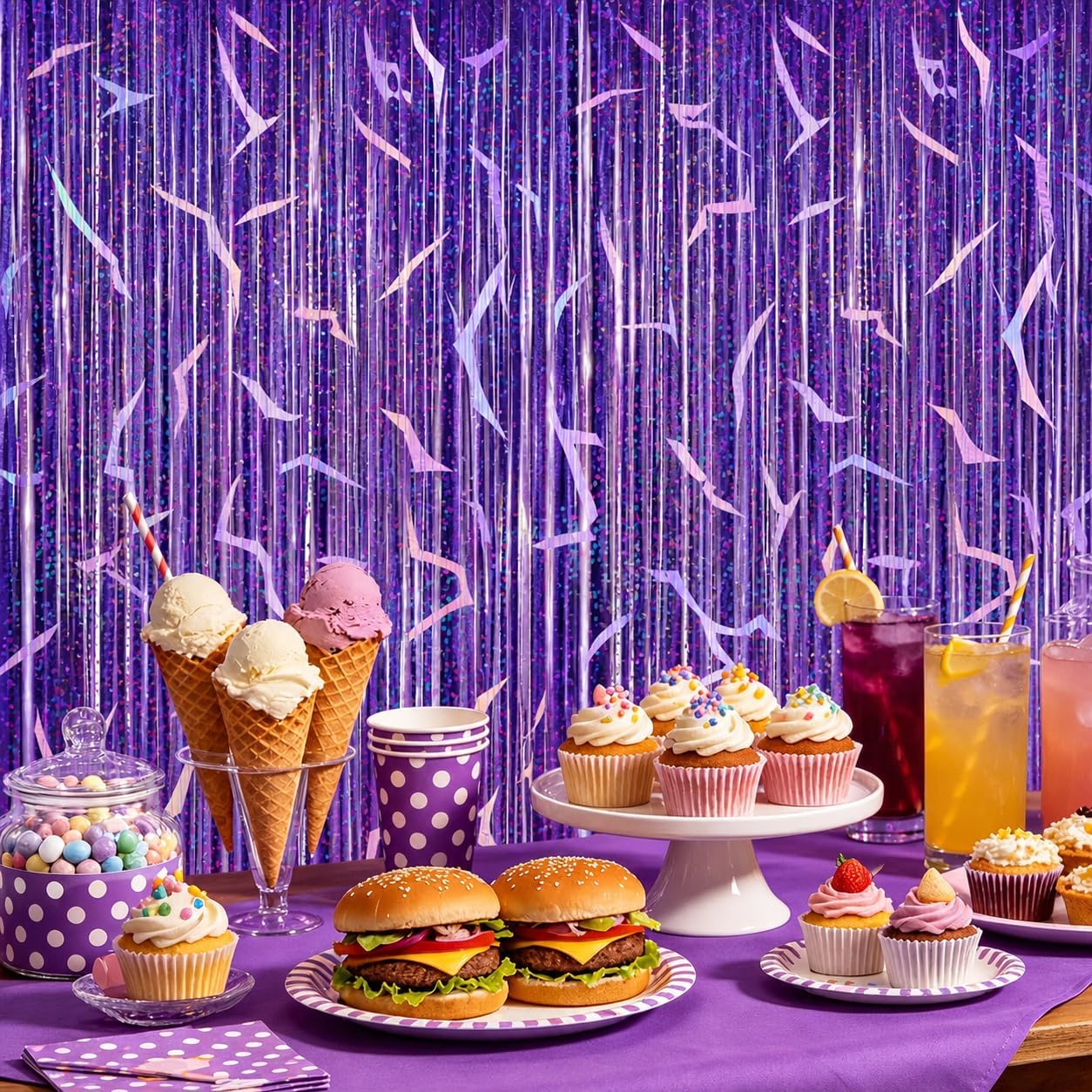 2 Pack K-STYL Purple Foil Fringe Curtains Party Decorations - 3.3 ft x 6.6 ft Energy Pattern Sparkling Holographic Laser Foil Curtain for Girls Disco Bachelorette Party Supplies