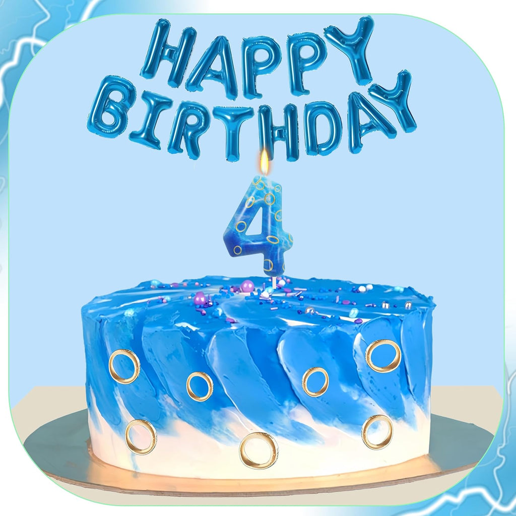 Blue and Golden Ring 4 Candle, Number 4 Candle Cake Topper Boy Birthday Decorations, Cartoon Themed Birthday Party Supplies