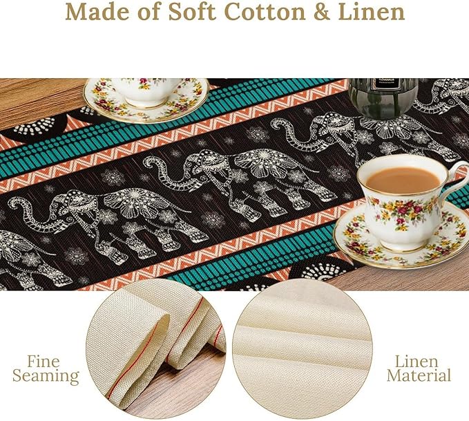 Boho Elephant Table Runner, Vintage Tribal Traditional Bohemian African Animals Ethnic Folk Table Center Decor for Home Kitchen Dining Patio Holiday Party Indoor Table Decorations, 13"x72" Inch
