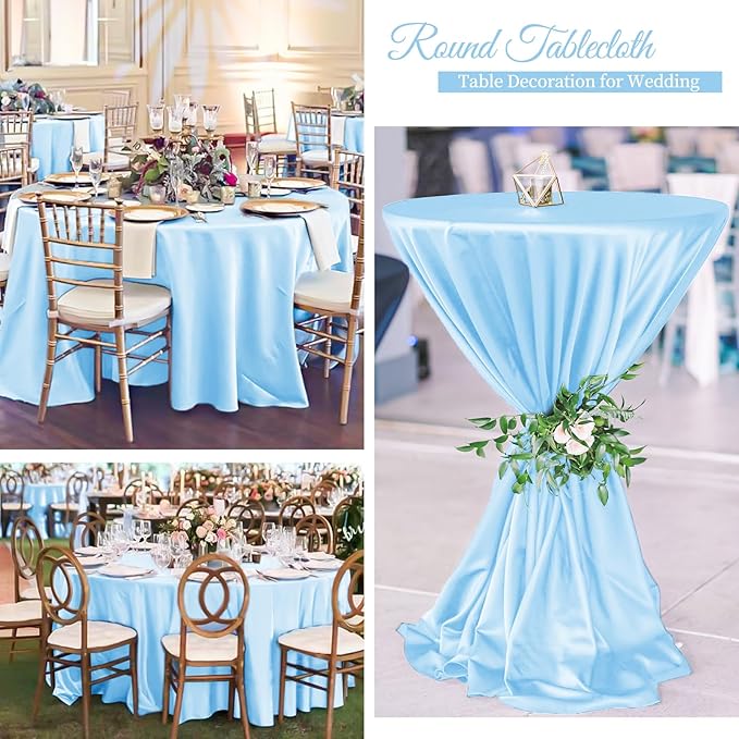 fani 12 Pack 120 Inch Light Blue Satin Tablecloth - Silky Round Tablecloth Overlay Smooth Fabric Table Cover, Bright Table Decoration for Wedding Party Banquet Events Restaurant Kitchen Dining