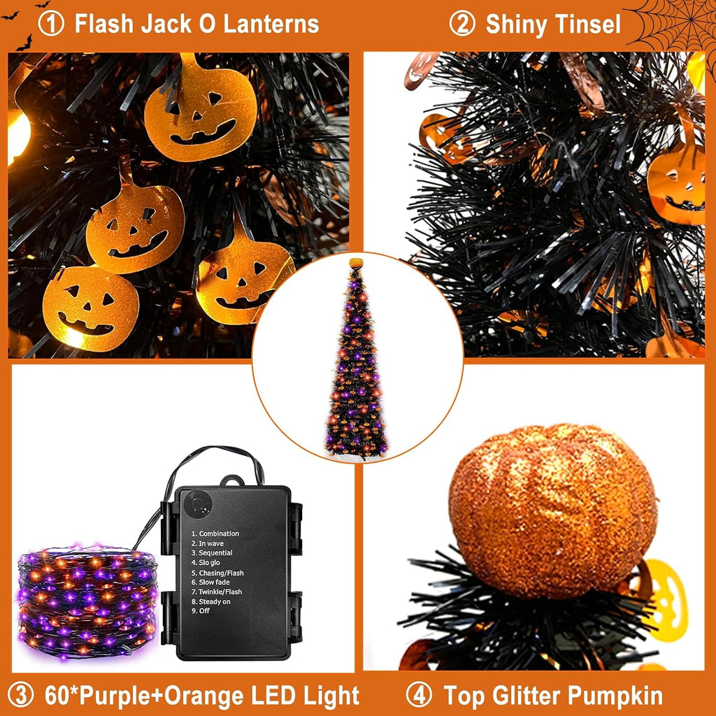 6 ft black tinsel halloween tree with lights showing dimensions