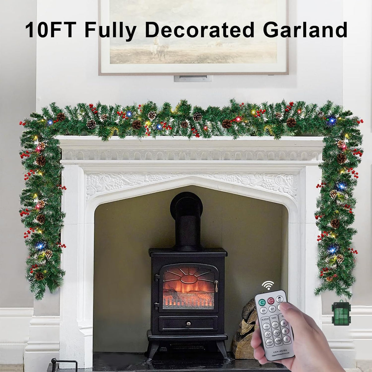 christmas garland with lights - 10ft waterproof battery shown in use