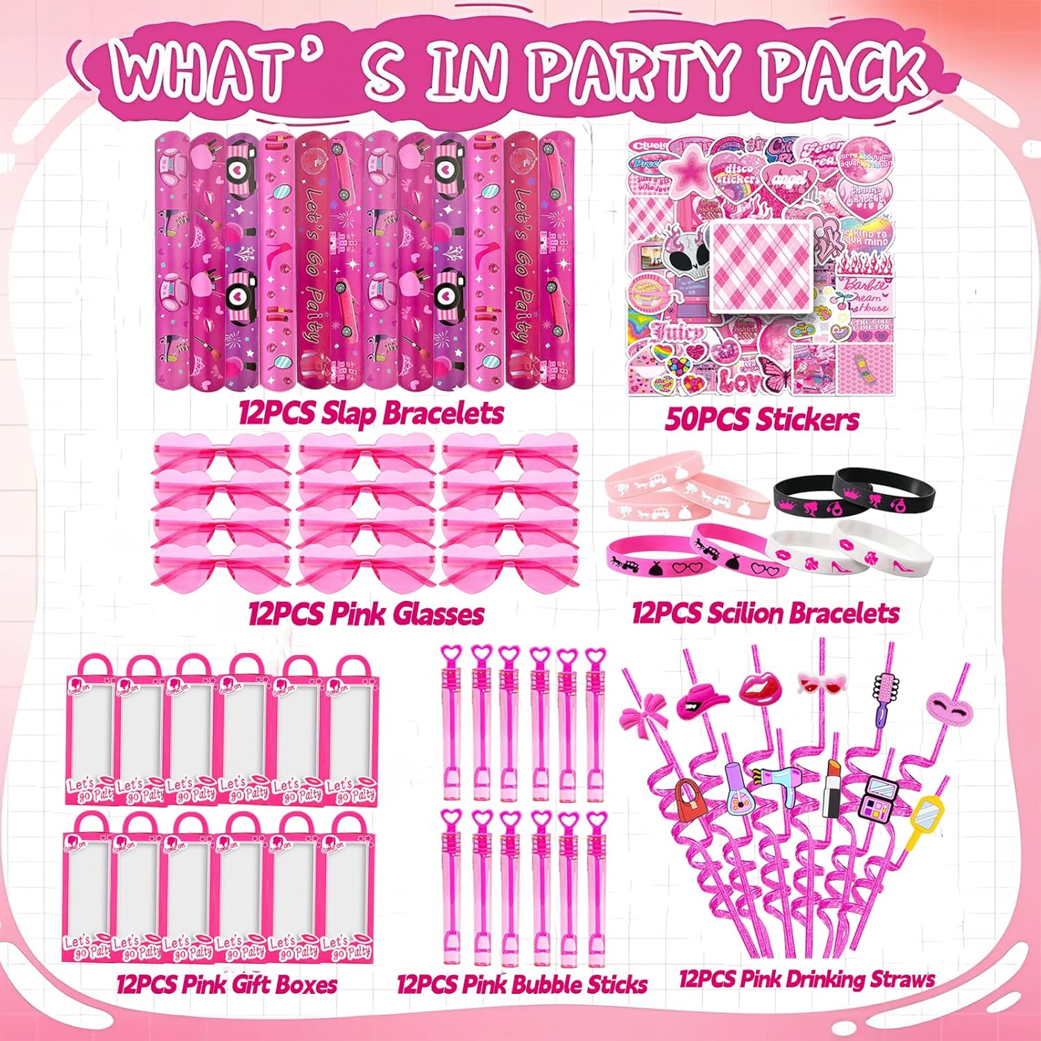 CHSLtmxq 122 PCS Pink Party Favors, Toy Goodie Bag Stuffers, Princess Set | 122pcs pink toy party favors and goodie bag stuffers with gift boxes, glasses, bracelets, straws, wands, and stickers.