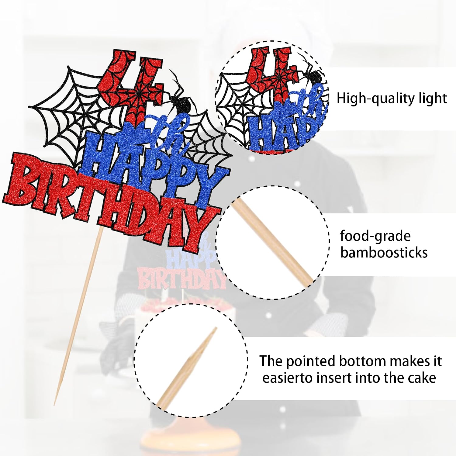 1 PCS Happy 4th Birthday Cake Topper Glitter Spider Web Cheers to 4 Years Four Birthday Cake Pick Superhero Spider Party Decorations for Boys Girls Happy 4th Birthday Party Cake Decorations Supplies