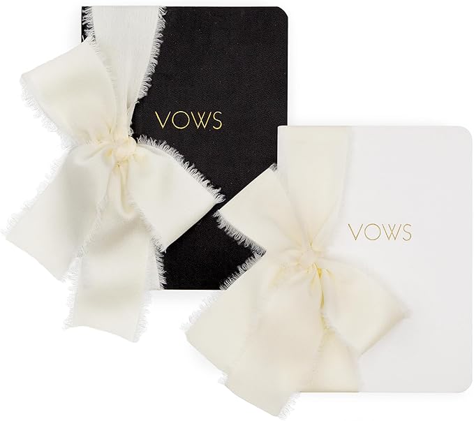 Black White Embossed Slim Vow Books w/Ribbon (Set of 2) - 5.625 x 4 Minimalist Pocket Sized Embossed Wedding Ceremony Vow Renewal Speech Notebook Journal