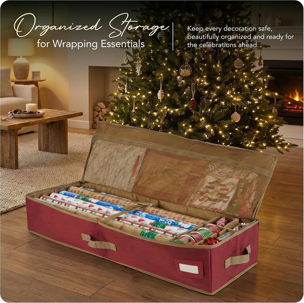 Covermates Keepsakes Gift Wrap Storage Organizer – Heavy-Duty Polyester with Buckle Straps & Interior Pockets – Holds Up to 15 Rolls of Gift Wrap with Handles & Label Window, Red