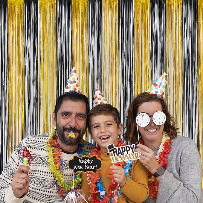 Foil Fringe Curtains Happy Retirement Decorations - Melsan 3 Pack 3.2 x 8.2 ft Gold Tinsel Curtain Party Photo Backdrop for Birthday Party Baby Shower or Graduation