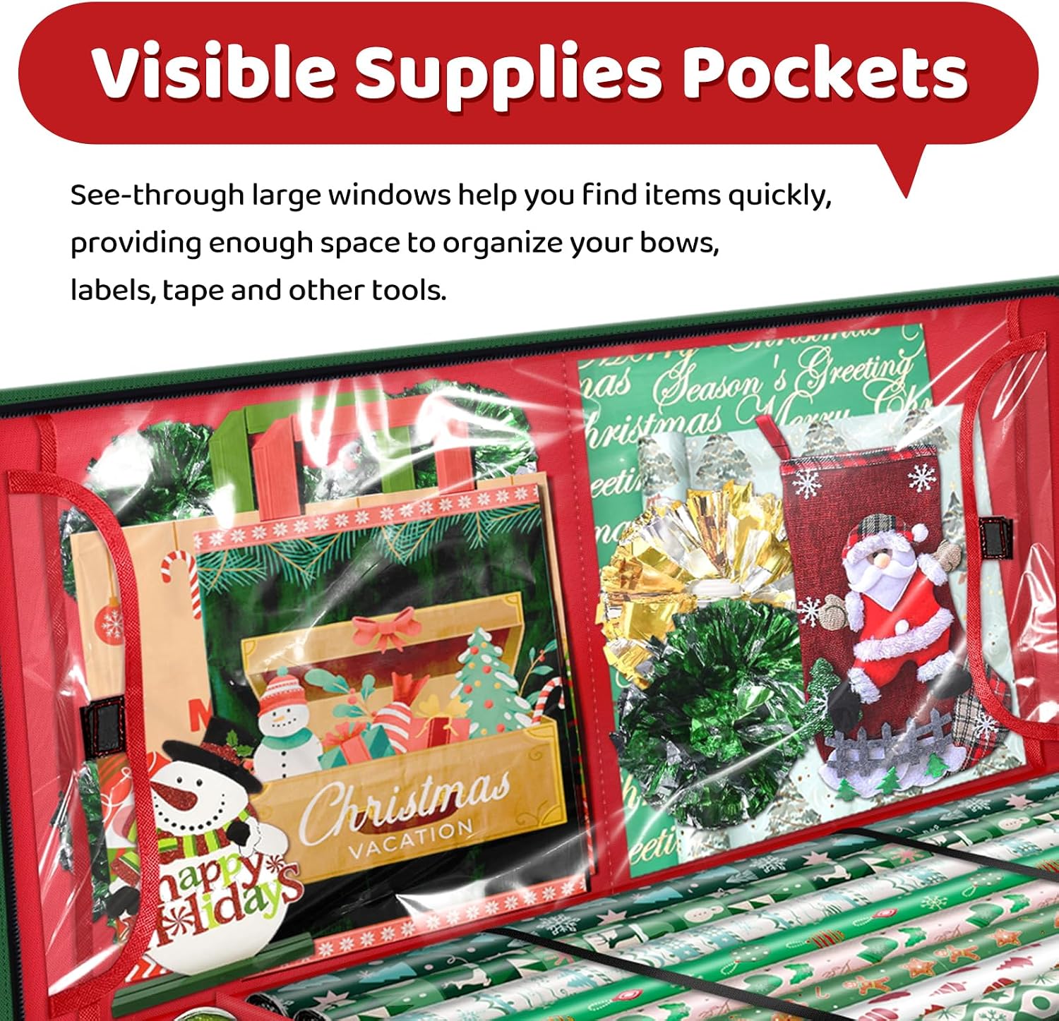 Fabspace Christmas Wrapping Paper Storage Containers, 40 Inch Gift Wrap Organizer, Visible Supplies Pockets for Xmas Accessories, Underbed Storage for Christmas Decorations, Red