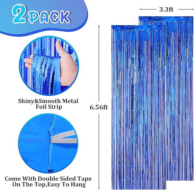 2 Pack Blue Foil Fringe Backdrop Curtains, Tinsel Streamers Party Decorations, Fringe Backdrop for Graduation, Disco Party