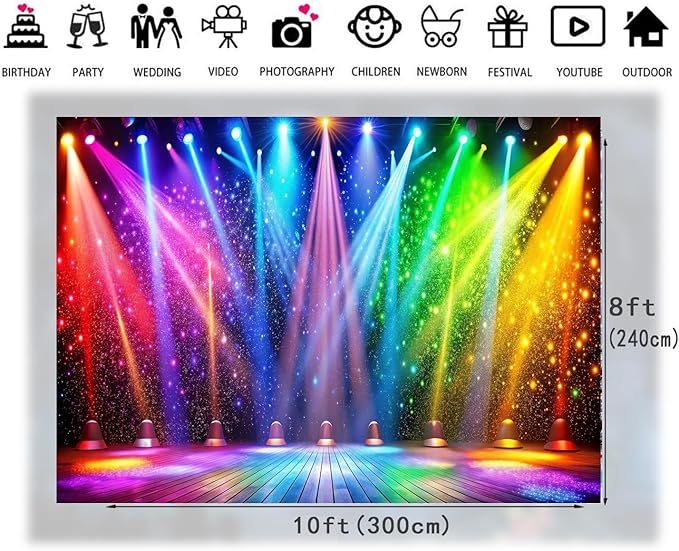 LTLYH 10x8ft Fabric Disco Rainbow Stage 70s 80s 90s Backdrop Vintage Lights Photography Background Rock Music Club Neon Glow Party Decorations Photo Banner 312