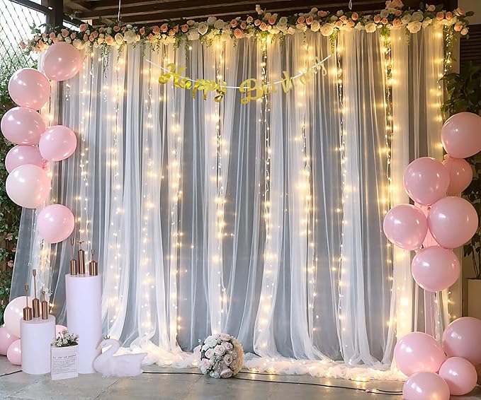 White Backdrop Curtains with Lights String for Wedding Parties 10×10ft Sheer Tulle Backdrop Curtain for Bridal Shower Baby Shower Birthday Party Photo Shoot Background Decorations(2 Panels 10ft×10ft)