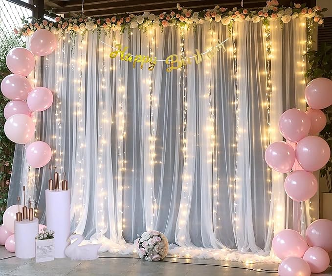 White Tulle Backdrop Curtain with Lights String for Parties Wedding Bridal Shower Sheer White Curtain Backdrop for Birthday Baby Shower Photo Booth Photography Background Decorations 10ft x 8ft