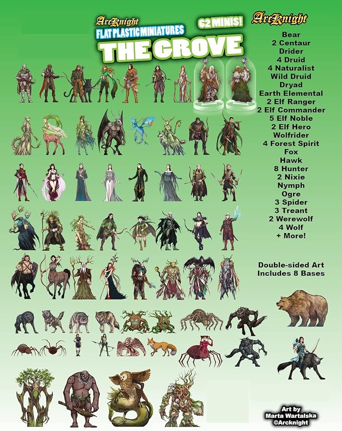 Arcknight Flat Plastic Miniatures: The Grove; 62 Unique Forest-Themed Minis for DND 5e and Pathfinder; Affordable, Skinny Figurines for Dungeons and Dragons and Other Tabletop RPG Games