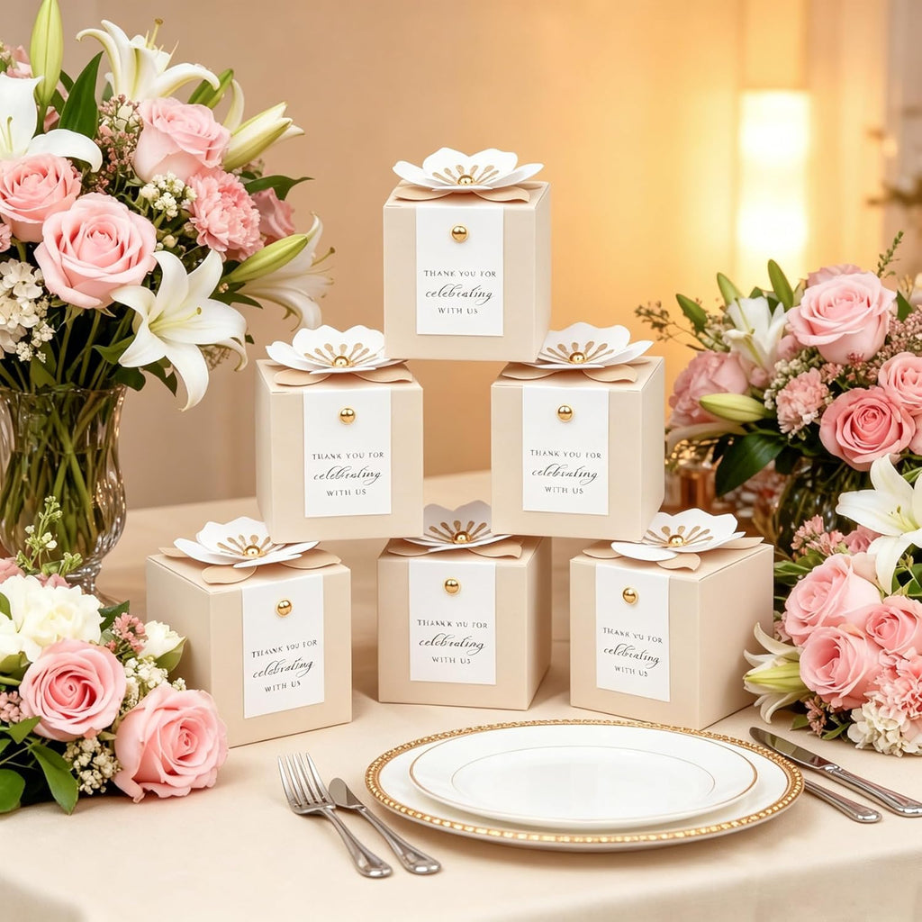 FEIYI 20 PCS Champagne Favor Boxes, 3 In 1 Candy Box with Floral Decor, White Thank You Tags Gift wrapping for Wedding Birthday Baby Shower Decorations Party -2.55x2.55x2.55 inches