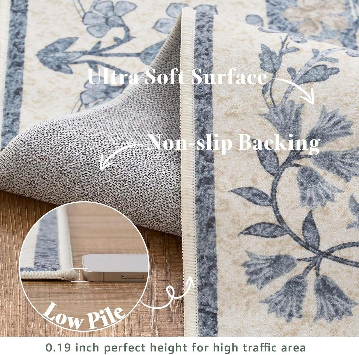jinchan 3x8 Washable Hallway Runner Rug, Floral Non-Slip, Blue/Cream