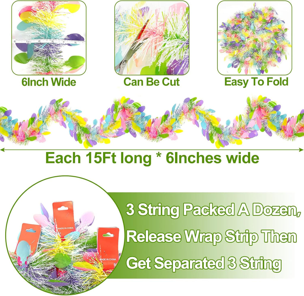TURNMEON 3 Pack Easter Colorful Tinsel Garlands Easter Decorations,Total 45 Ft Easter Eggs Garland Metallic Streamer Hanging Fringe Garland Easter Decorations Home Indoor Outdoor Party,Each 15Ft by 6"