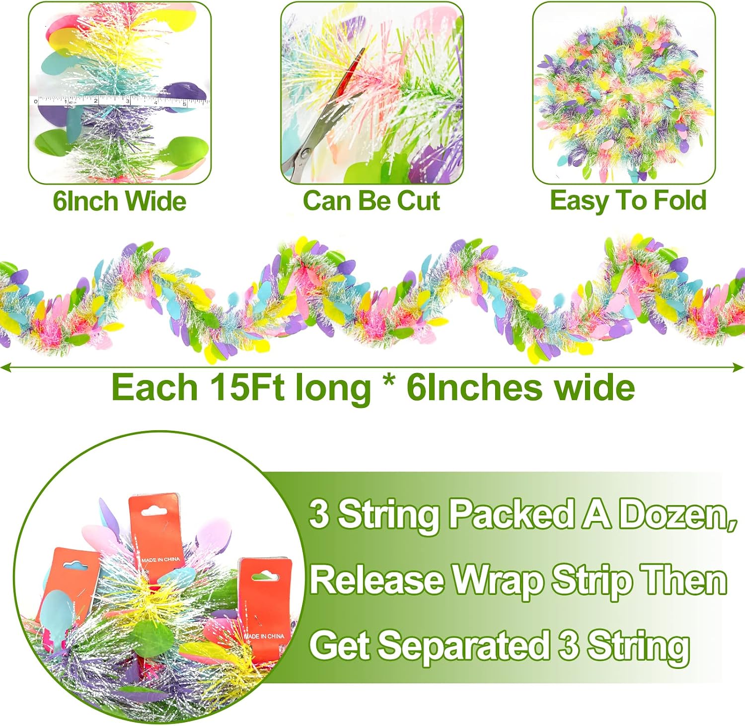 TURNMEON 3 Pack Easter Colorful Tinsel Garlands Easter Decorations,Total 45 Ft Easter Eggs Garland Metallic Streamer Hanging Fringe Garland Easter Decorations Home Indoor Outdoor Party,Each 15Ft by 6"