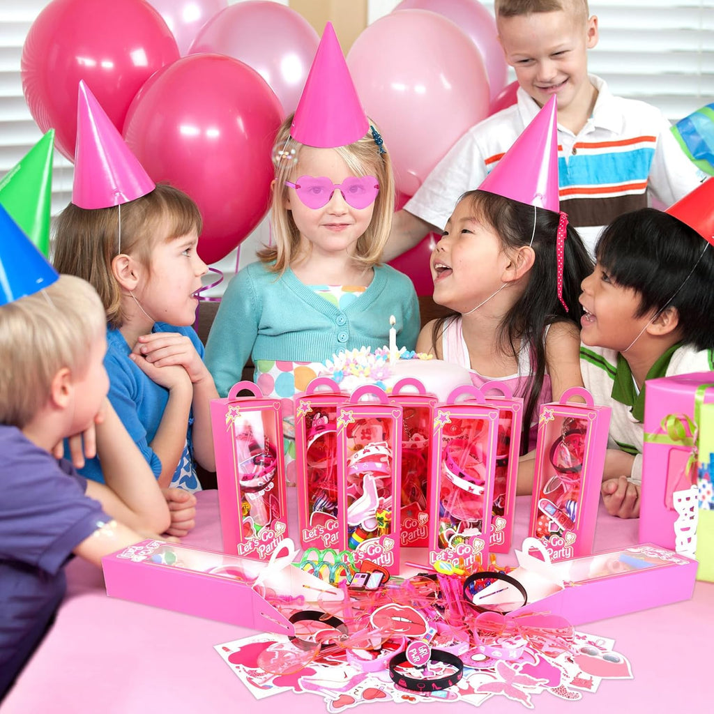 184Pcs Pink Girls Party Favors Pack - For 12Guests, Includ Goodie Box Heart Glasses Straws Bubble Wands Tattoo Sticker Bracelet Keychain, for Kids Girls Birthday Party Decoration Supplies