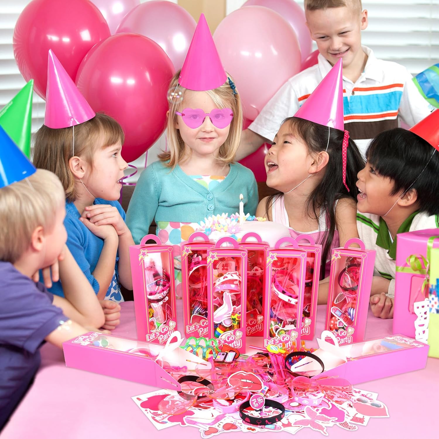 184Pcs Pink Girls Party Favors Pack - For 12Guests, Includ Goodie Box Heart Glasses Straws Bubble Wands Tattoo Sticker Bracelet Keychain, for Kids Girls Birthday Party Decoration Supplies