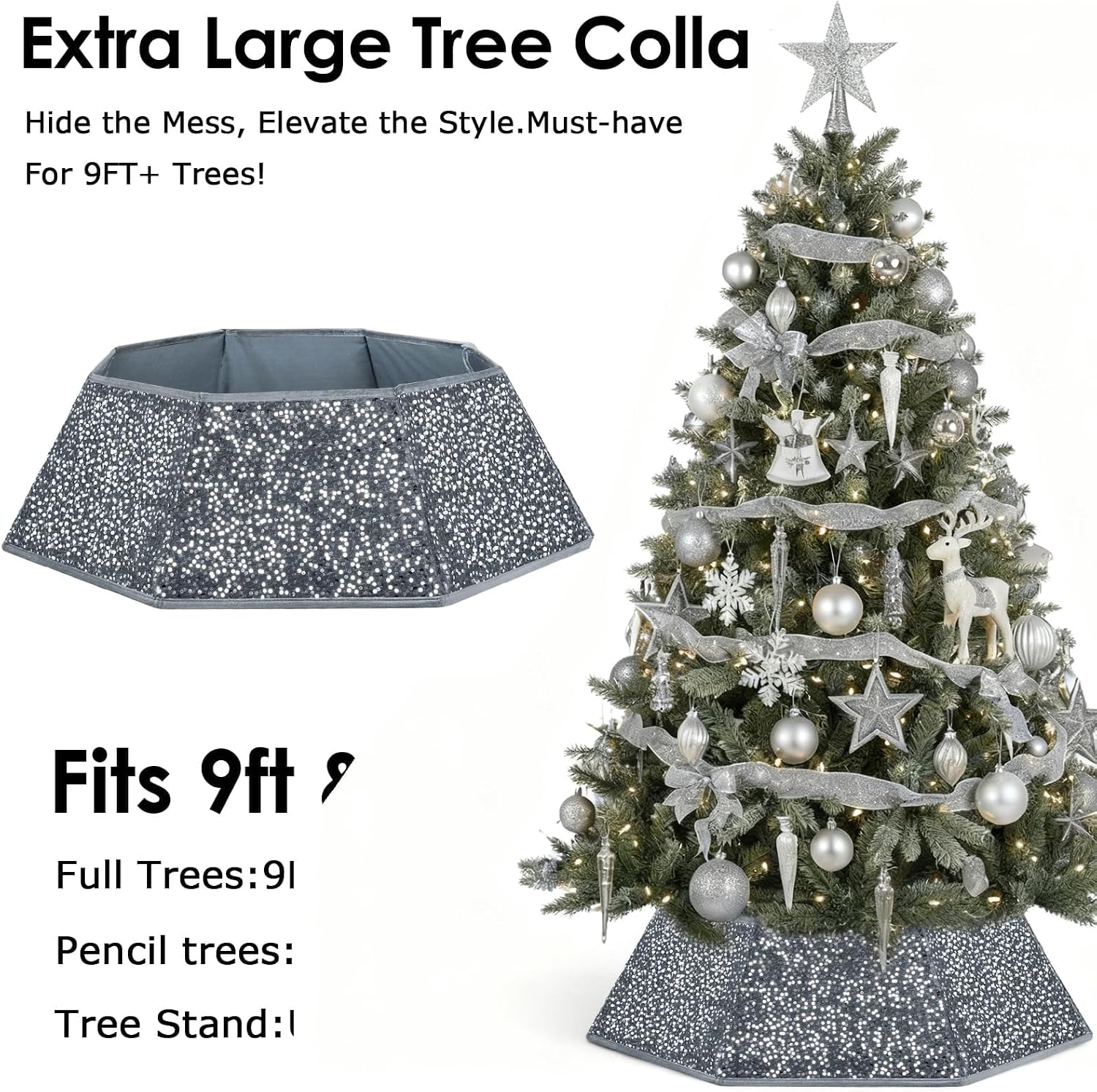 Christmas Tree Collar with Sparkling Sequin Tree Skirt for Holiday Home Decor Xmas Tree Ring(Silvergrey, X-Large)