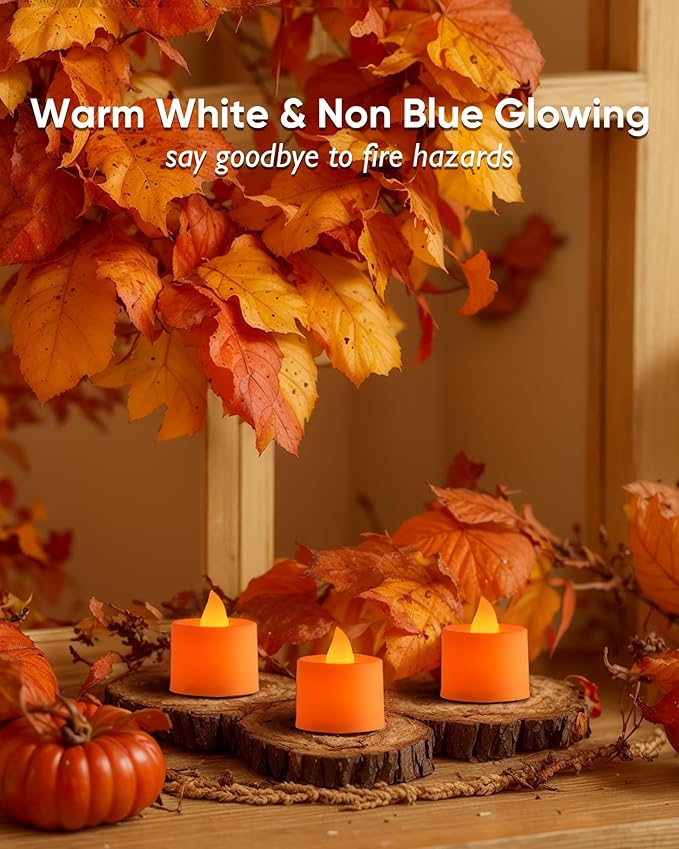 Amagic 24 Pack Halloween Orange LED Tea Lights, Flameless Votive Candles Battery Operated, Electric Fake Colored Tealights Candles for Party, Christmas, Thanksgiving, Table Centerpiece, Holiday Decor