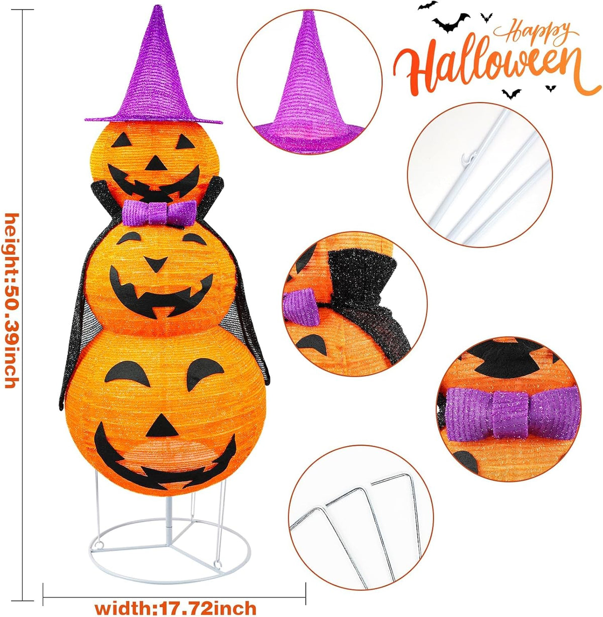 Collapsible Light up Pumpkin Halloween Decorations Outdoor, Plastic Pre-lit S...