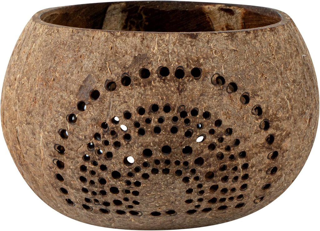 Restaurantware-Coco Casa 4 x 3.3 Inch Coconut Shell Candle Holders, 1 Reusable Tealight Holders - Candle Not Included, Rainbow Pattern, Tan Coconut Bowls for Candles, Handcrafted