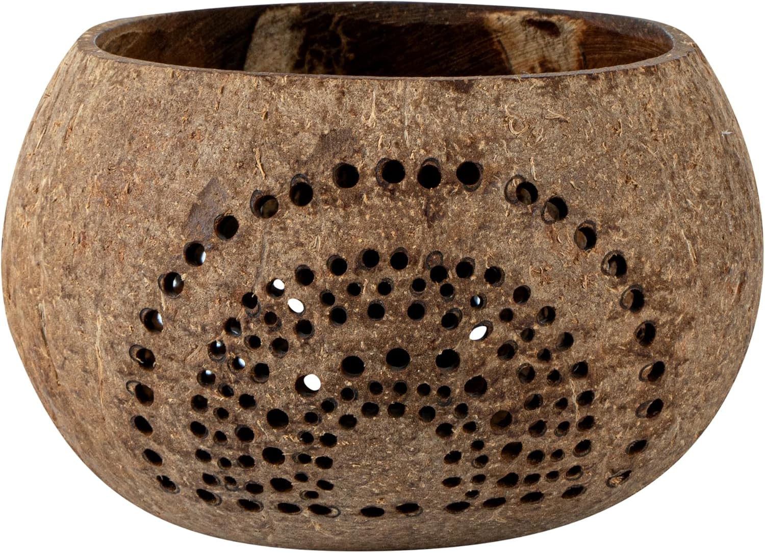 Restaurantware-Coco Casa 4 x 3.3 Inch Coconut Shell Candle Holders, 1 Reusable Tealight Holders - Candle Not Included, Rainbow Pattern, Tan Coconut Bowls for Candles, Handcrafted