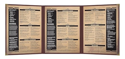 Goodsmart Pajco Style Restaurant Menu Covers – Pack of 10, Side-Load Fold-Out Menu Holders, Single Stitched Edge Clear Vinyl Menu Sleeves, Leatherette Trim Gold Corners, Burgundy, 3 View (8.5" x 11")