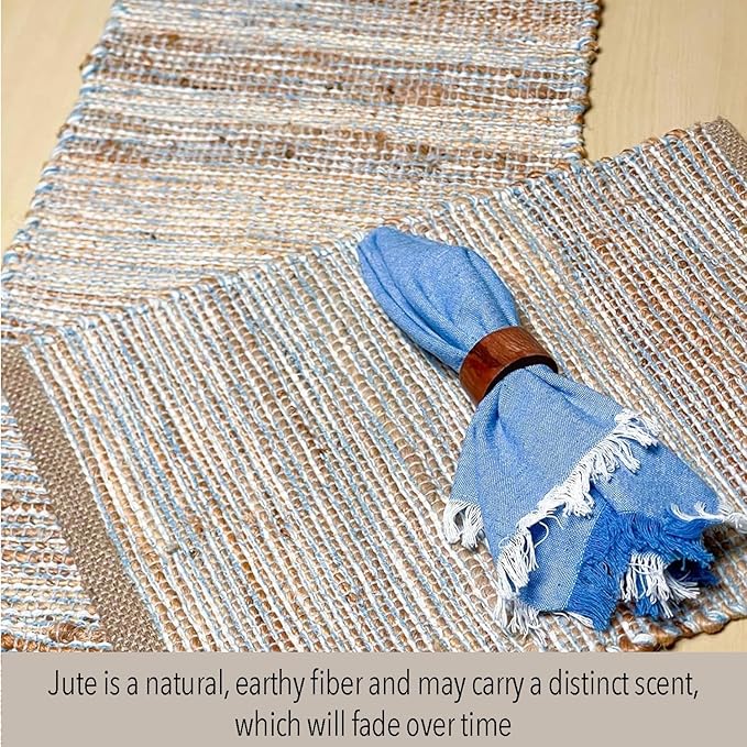 Chardin home Natural Jute Table Runner 13x36 Inch – Vintage Boho Rustic Table Decor – Handwoven Table Runner in Natural Jute and Sky Blue-White – Farmhouse Dining or Console Table Accent