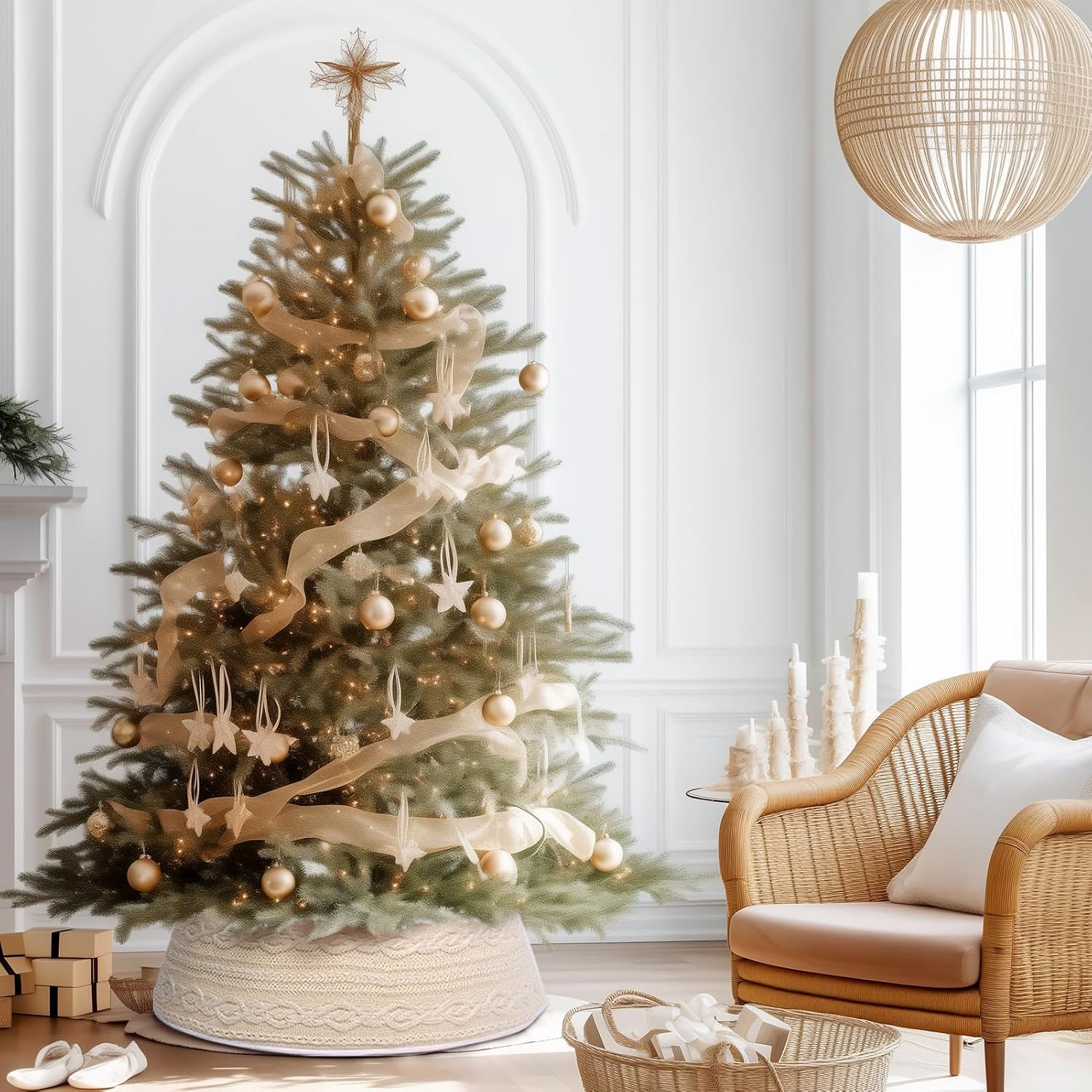 WBHome Christmas Tree Collar, Adjustable 28 inch Cable Knit Knitted Thick Rustic Holiday Decoration, Farmhouse Tree Ring Tree Skirt for Christmas Home Décor, Beige