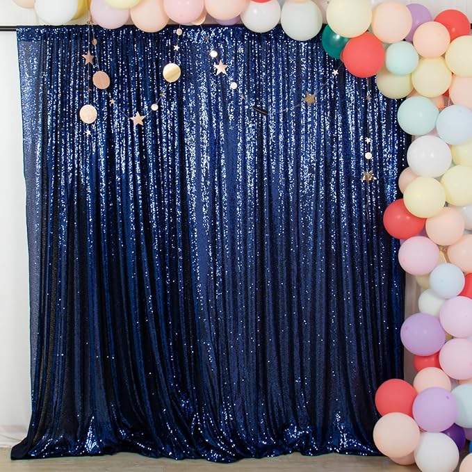 ShinyBeauty Navy Blue Backdrops 2 Pieces Sequin Curtains 4FTx7FT Photograph Background Shimmer Curtain Panels Sequins Fabric Glitter Backgrounds for Wedding, Party, Photobooth Decor