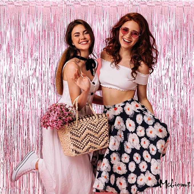 4 Pack Pink Fringe Curtain Backdrop, 3.2Ft x 6.6Ft Metallic Tinsel Foil Fringe Streamers Background for Photo Booth Birthday Wedding Baby Shower Carnival Easter Mother’s Day Party Decorations