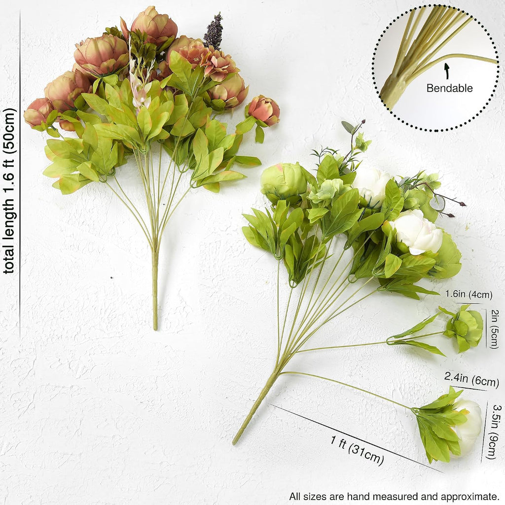 fiveseasonstuff rustic brown, beige & green artificial peony showing dimensions