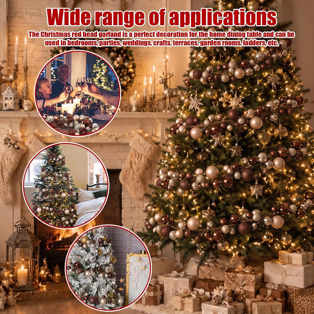 6 ft christmas ball ornament garland, brown, champagne, close-up detail