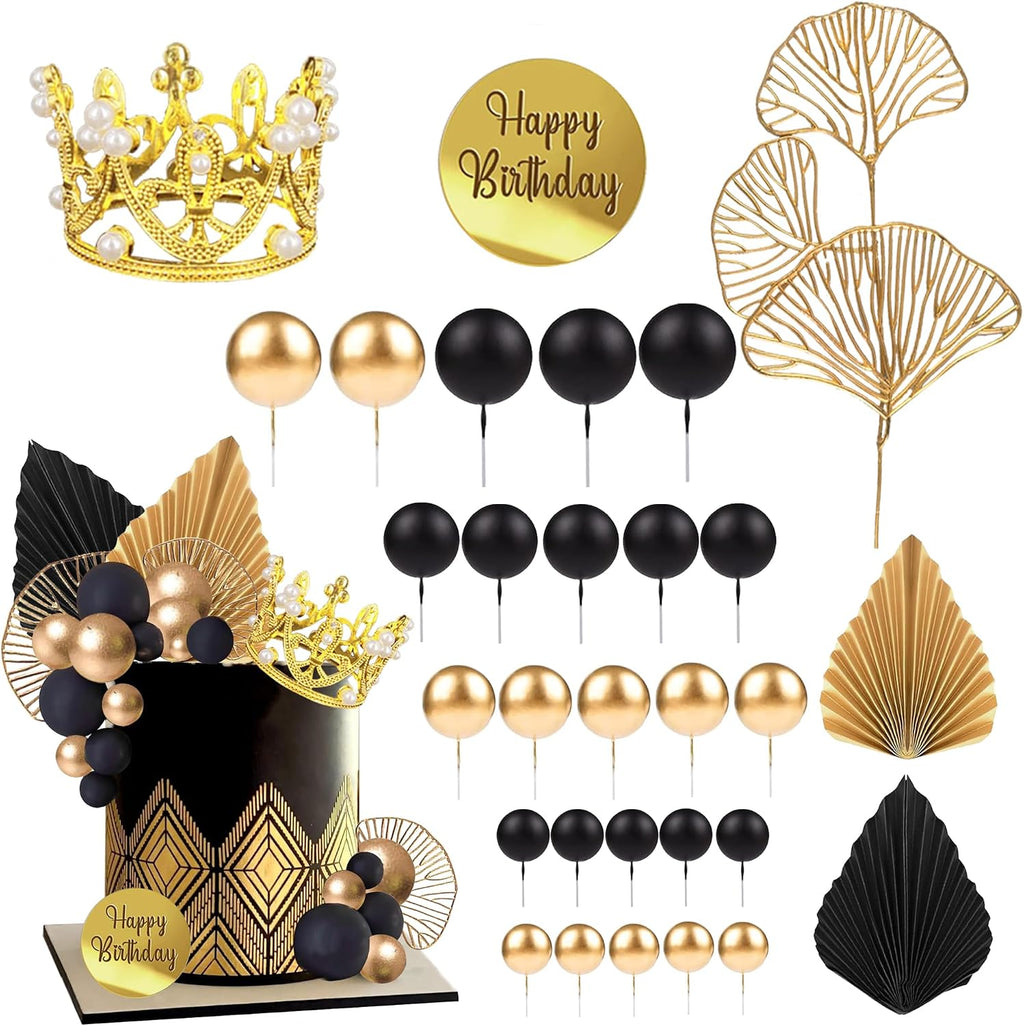 Balls Cake Toppers Crown Tiara Cake Topper Happy Birthday Cake Decorations for Birthday Boho Wedding Baby Shower Party Decorations (Black Gold)