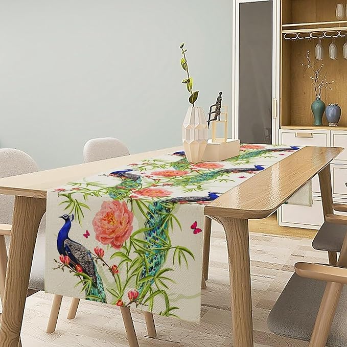 Peacock Table Runner,Seasonal Flower Plants Peacock Birds Table Runner for Home Kitchen Dining Party Indoor Outdoor Decoration 13x60 Inch