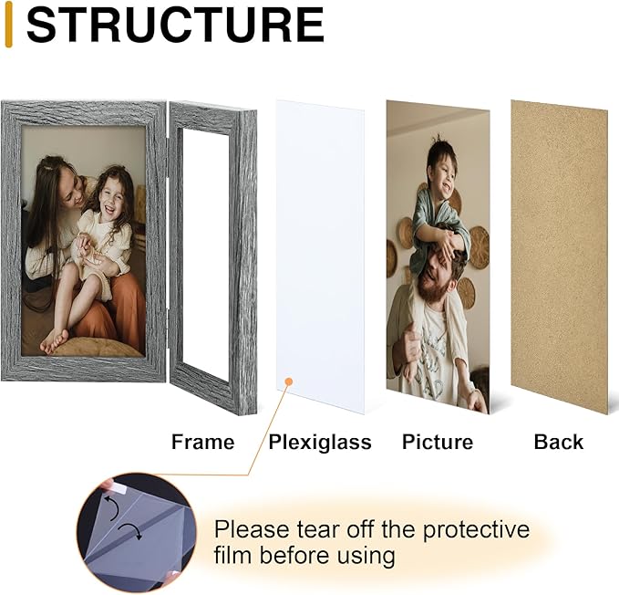 decorUhome Double 4x6 Picture Frame Vertical, Engineered Wood Bifold Photo Frame with Plexiglass for Tabletop Display, 4x6, Grey