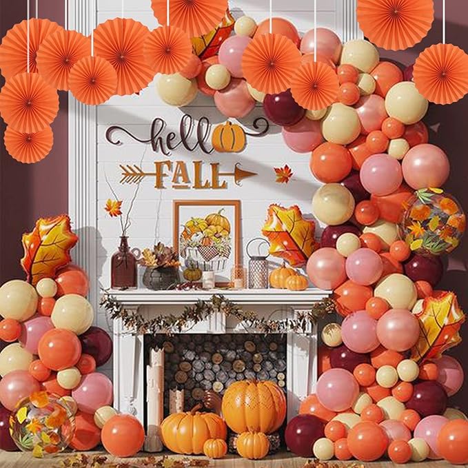 Orange Hallowmas Party Hanging Fans DIY Set - 12pcs Paper Fans with Pinwheels - DIY Paper Craft for Wedding, Birthday, Christmas Party Decoration
