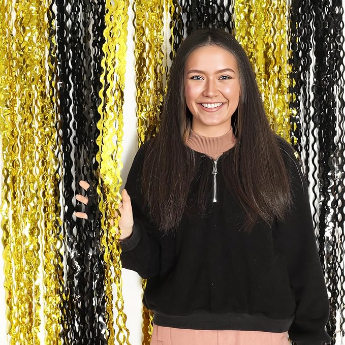 4 Pack Black and Gold Wavy Foil Fringe Curtains Pirthday Decorations,3.3 ft x 6.6 ft Metallic Foil Curtains Streamers for Party Photo Booth Props Background Decoration